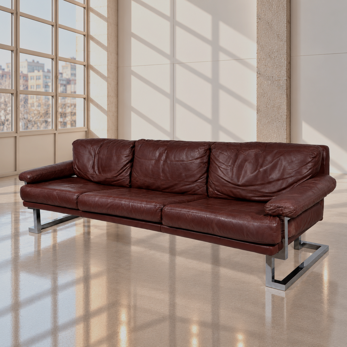 Mid Century Pieff Mandarin 3-Seater Burgandy Leather Sofa,Tim Bates, 1970s