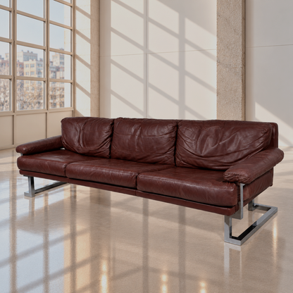 Mid Century Pieff Mandarin 3-Seater Burgandy Leather Sofa,Tim Bates, 1970s