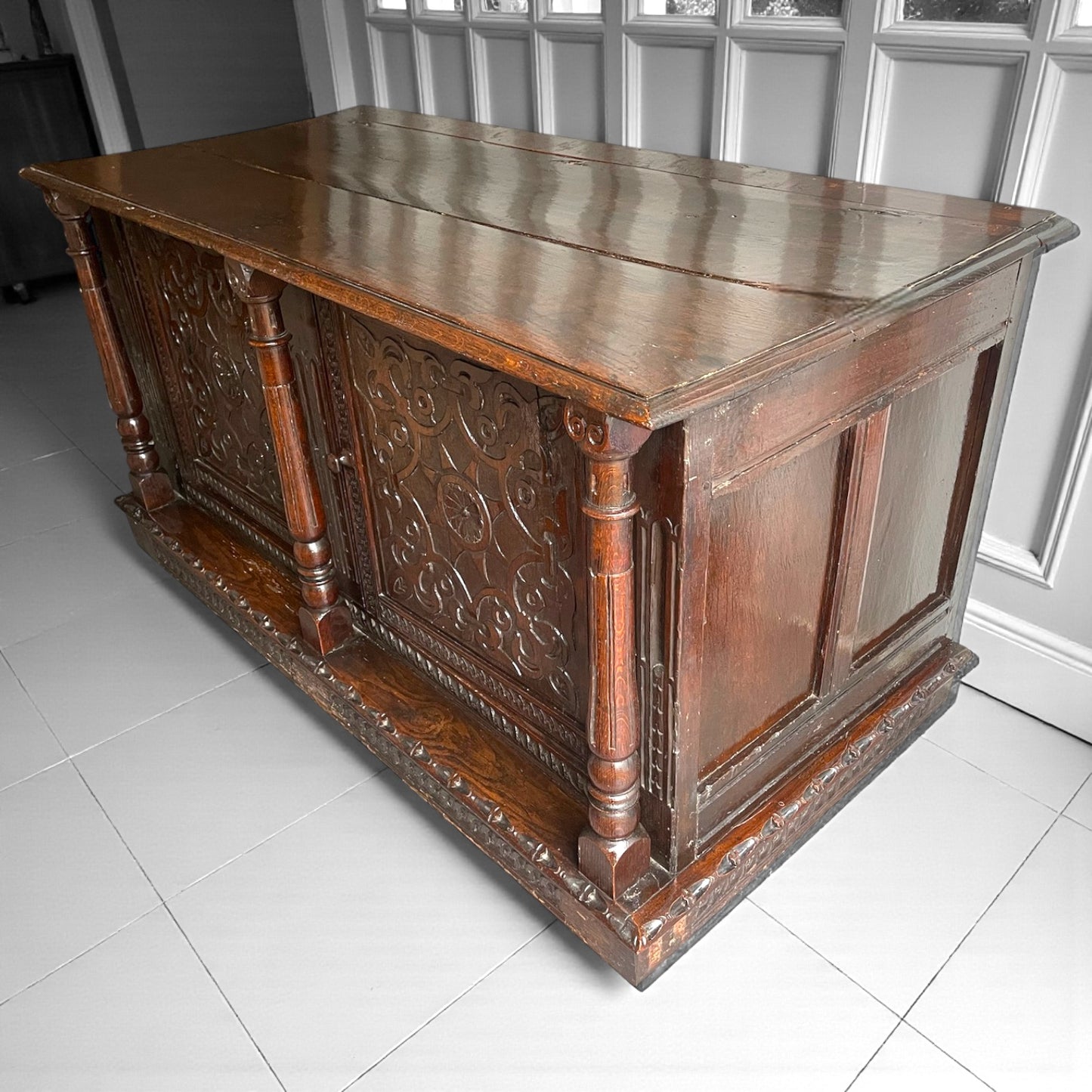 Large Antique Carved Oak Coffer 17th, 1670 Centuy Jacobean Converted to Cabinet