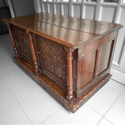 Large Antique Carved Oak Coffer 17th, 1670 Centuy Jacobean Converted to Cabinet