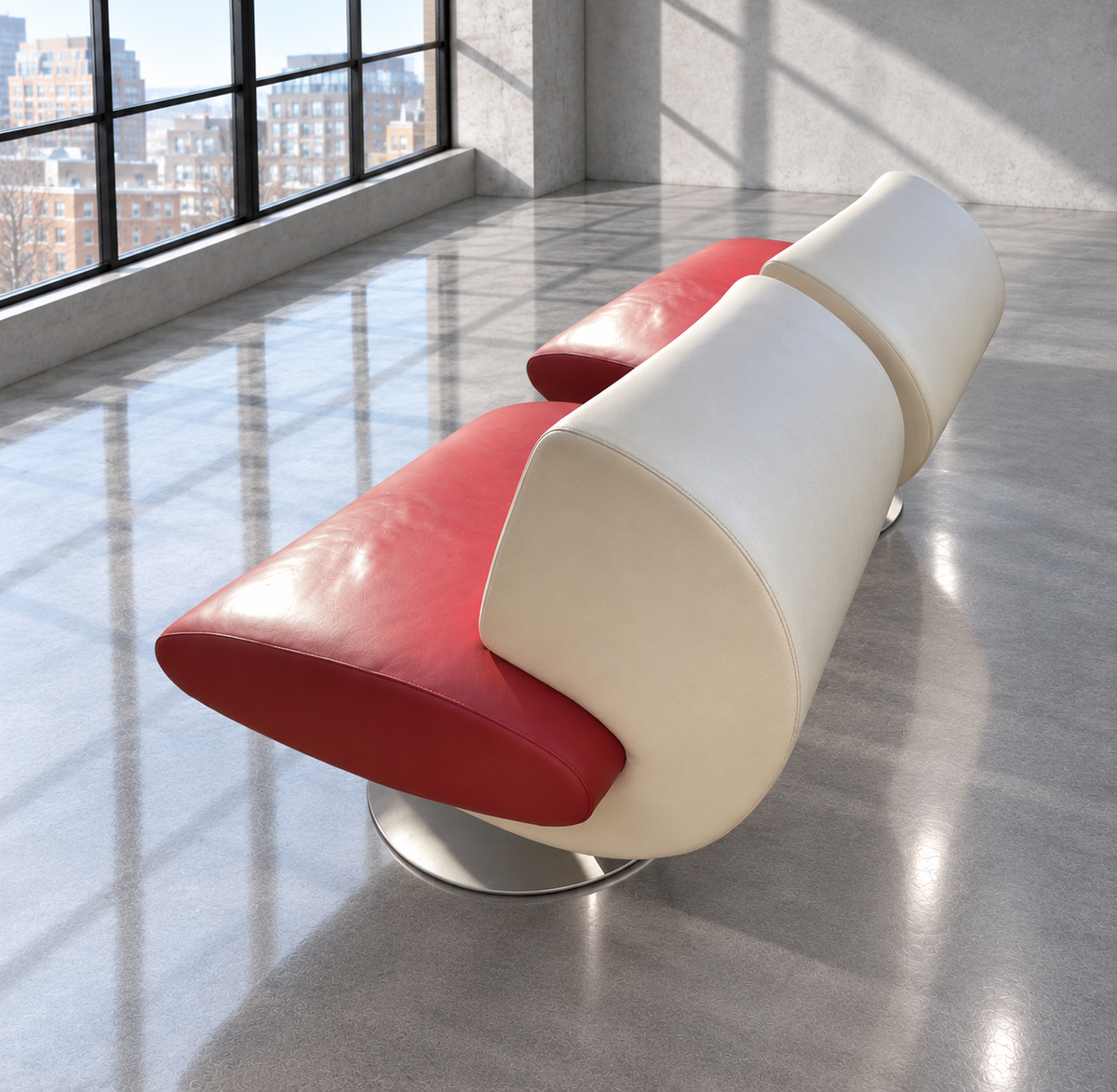 Pair Mid-Century Vintage Italian Space Age Leather Lounge Chairs 1970s Red/Cream