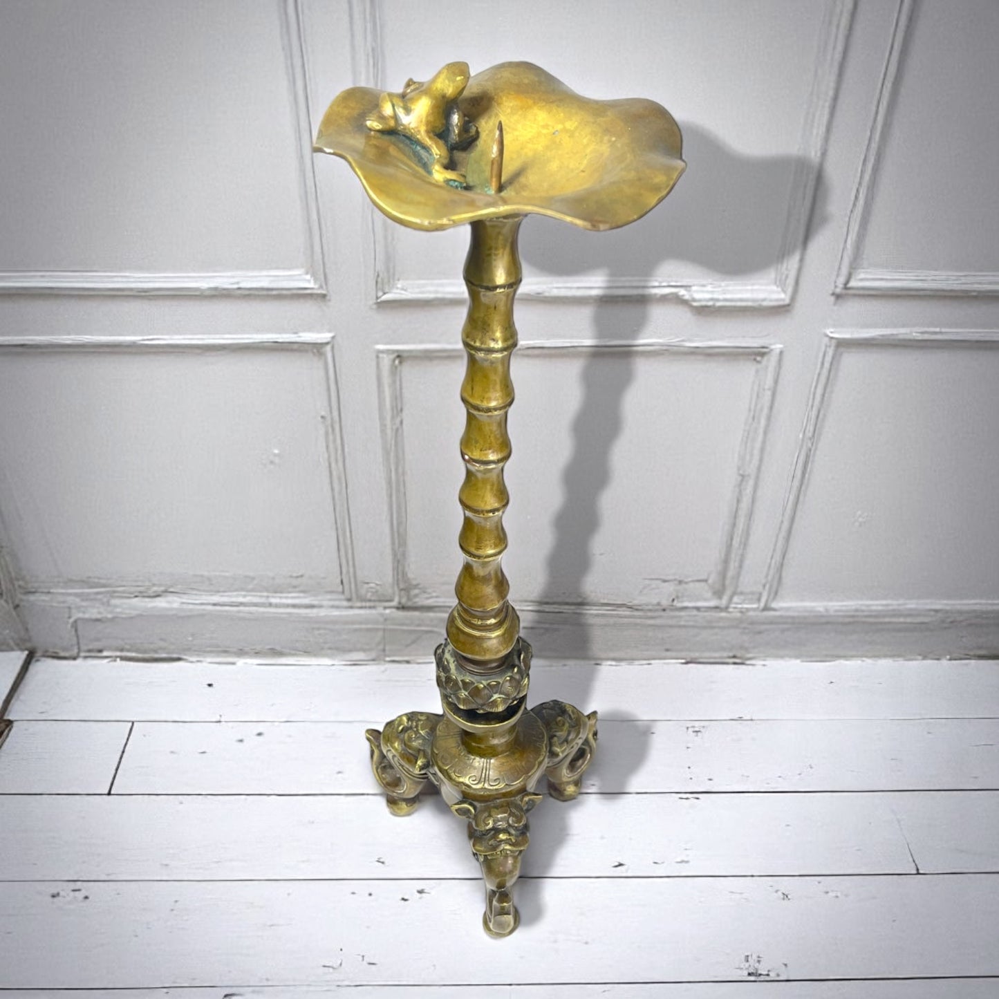 SOLD: Rare Pair Antique Tibetan-Chinese Brass Candlesticks – Frog & Lotus, Dragon Tripod Base c.1880–1920