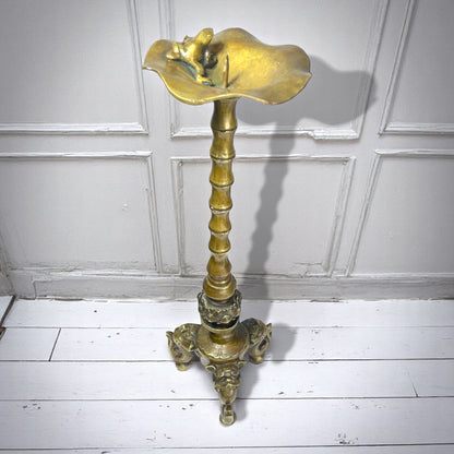 SOLD: Rare Pair Antique Tibetan-Chinese Brass Candlesticks – Frog & Lotus, Dragon Tripod Base c.1880–1920
