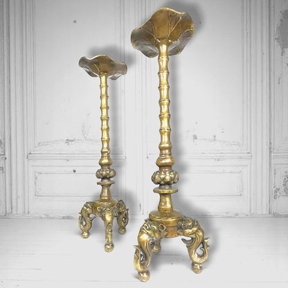 SOLD: Rare Pair Antique Tibetan-Chinese Brass Candlesticks – Frog & Lotus, Dragon Tripod Base c.1880–1920