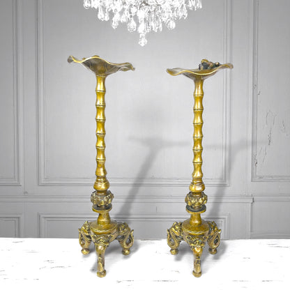 SOLD: Rare Pair Antique Tibetan-Chinese Brass Candlesticks – Frog & Lotus, Dragon Tripod Base c.1880–1920