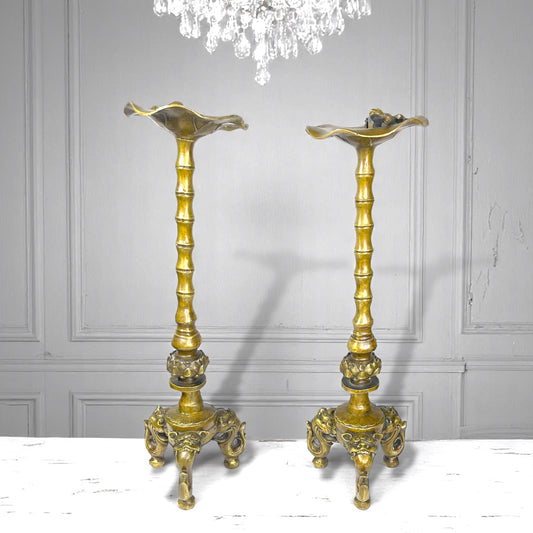 SOLD: Rare Pair Antique Tibetan-Chinese Brass Candlesticks – Frog & Lotus, Dragon Tripod Base c.1880–1920