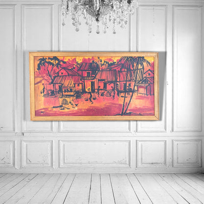 Large Harlim vintage Ink & Watercolour Canvas