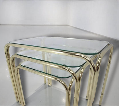 1970s Italian Mid Century Brass & Glass Nesting Tables Set of 3