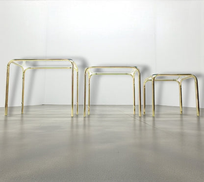 1970s Italian Mid Century Brass & Glass Nesting Tables Set of 3