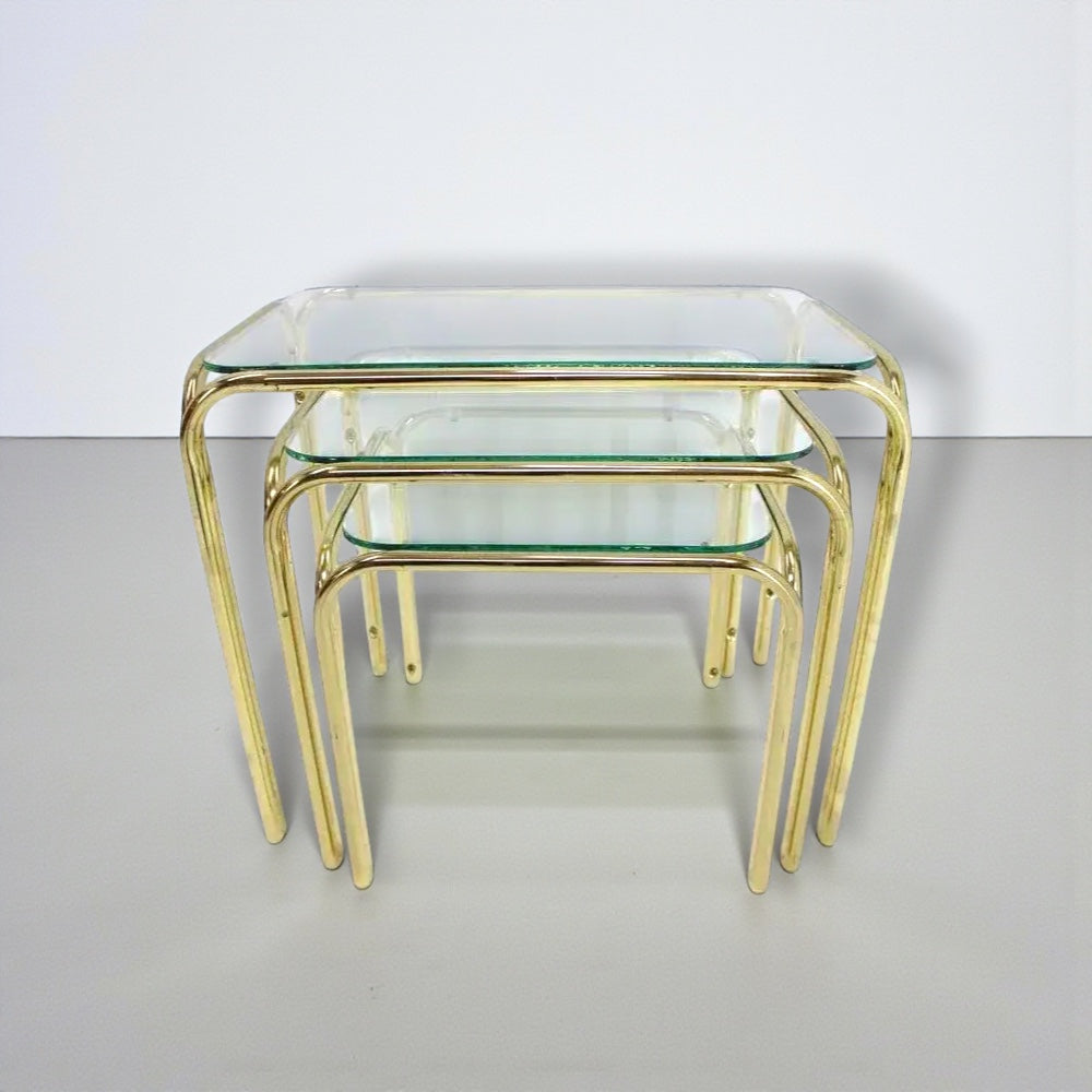 1970s Italian Mid Century Brass & Glass Nesting Tables Set of 3