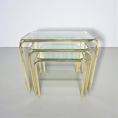 1970s Italian Mid Century Brass & Glass Nesting Tables Set of 3
