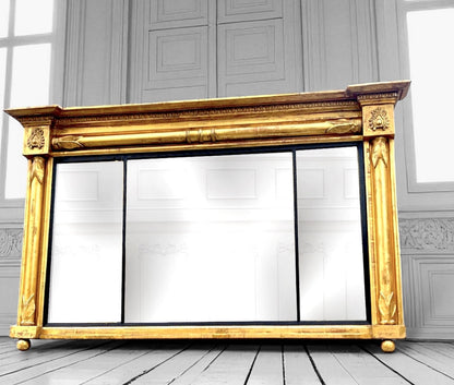Antique Regency Overmantel Gilded Triple Mirror , Leaf Crest, Mercury Glass c.1830