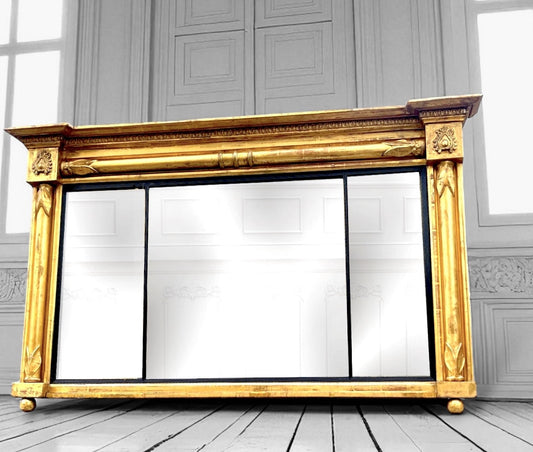 Antique Regency Overmantel Gilded Triple Mirror , Leaf Crest, Mercury Glass c.1830