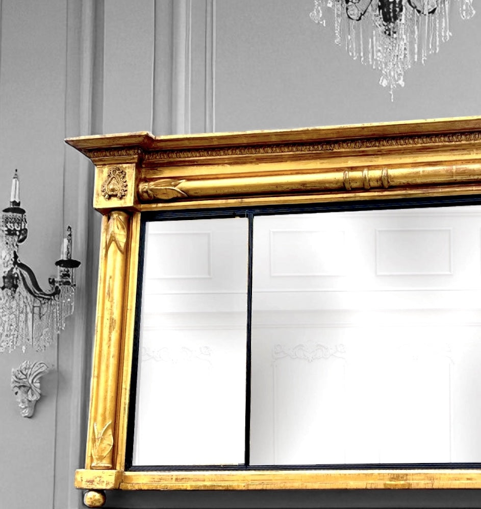 Antique Regency Overmantel Gilded Triple Mirror , Leaf Crest, Mercury Glass c.1830
