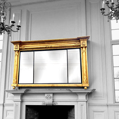 Antique Regency Overmantel Gilded Triple Mirror , Leaf Crest, Mercury Glass c.1830