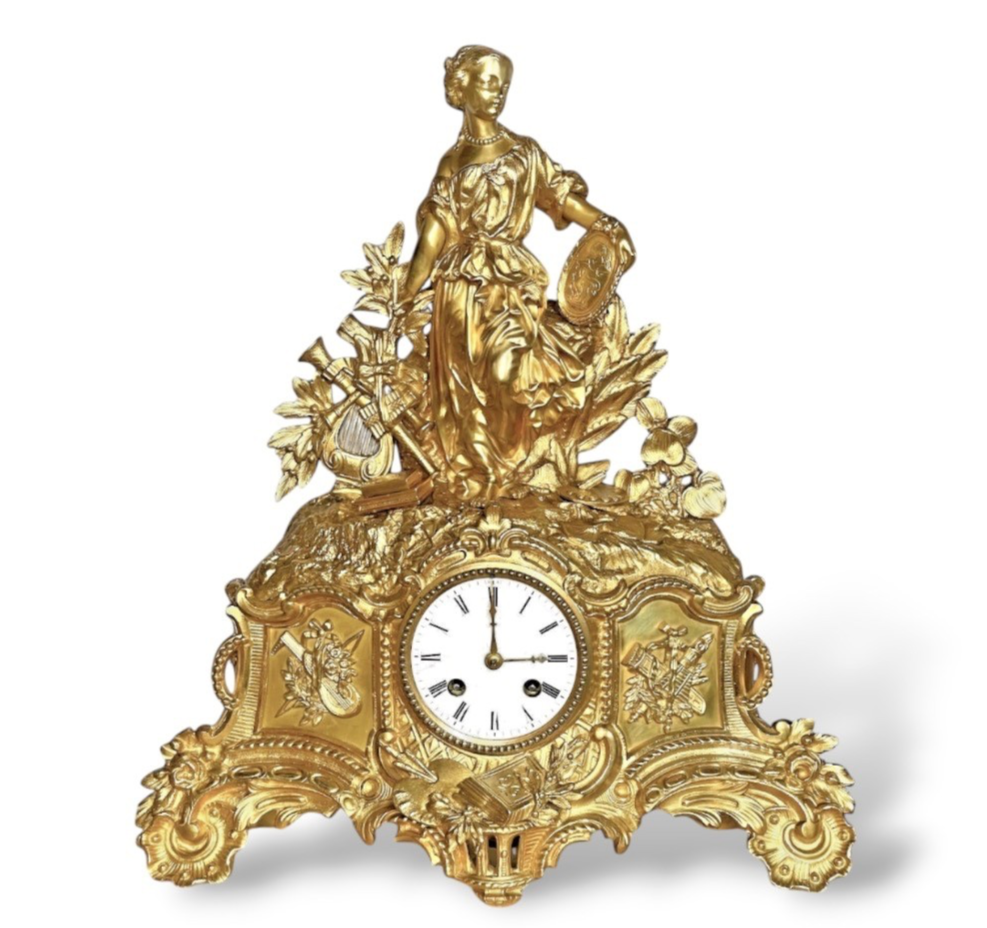FRENCH ORMOLU FIGURAL MANTEL CLOCK BY H. PICARD, PARIS BARBEDIENNE MOVEMENT 1860