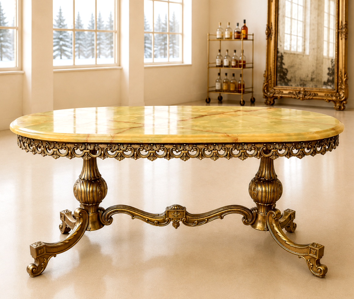 Hollywood Regency Rococo Vintage Italian Onyx Gold Gilt Brass Coffee Table.