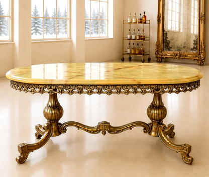 Hollywood Regency Rococo Vintage Italian Onyx Gold Gilt Brass Coffee Table.