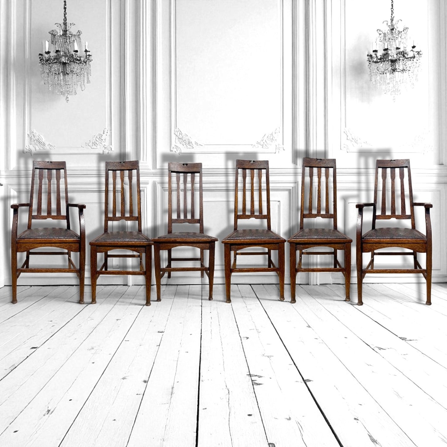 Set of 6 arts & crafts chairs by e a Taylor Wylie & Lochhead, Glasgow 1905.