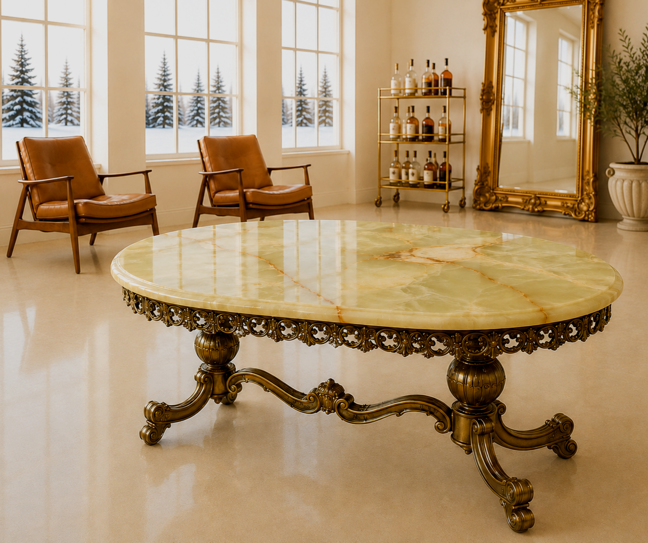 Hollywood Regency Rococo Vintage Italian Onyx Gold Gilt Brass Coffee Table.