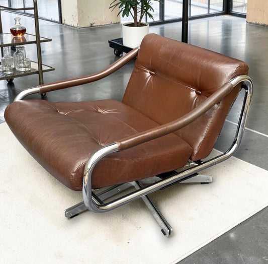 Tim Bates Pieff Alpha Original Brown Leather & Chrome Swivel Lounge Chair 1960s (Copy)