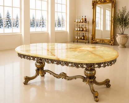 Hollywood Regency Rococo Vintage Italian Onyx Gold Gilt Brass Coffee Table.