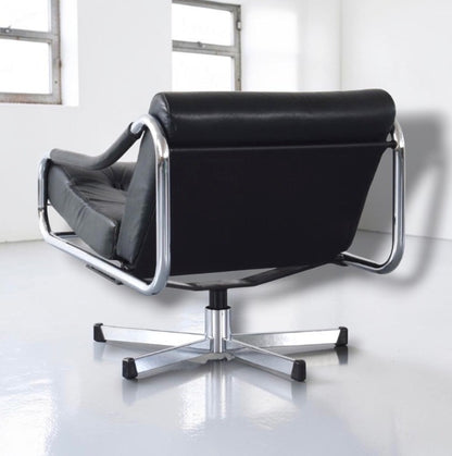 Tim Bates Pieff Alpha Original Black Leather & Chrome Swivel Lounge Chair 1960s