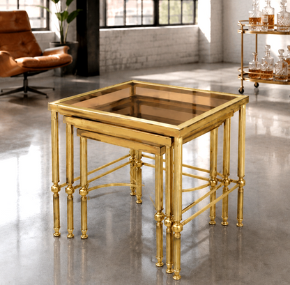 HOLLYWOOD REGENCY MAISON JANSEN STYLE FRENCH BRASS-SMOKED GLASS NEST OF 3 TABLES