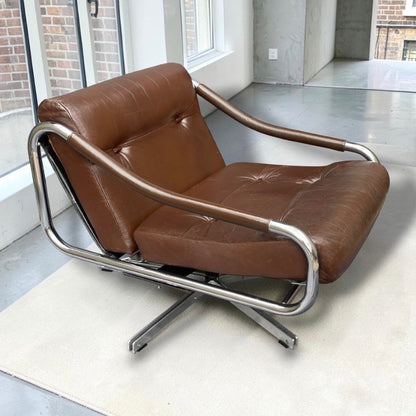 Tim Bates Pieff Alpha Original Brown Leather & Chrome Swivel Lounge Chair 1960s
