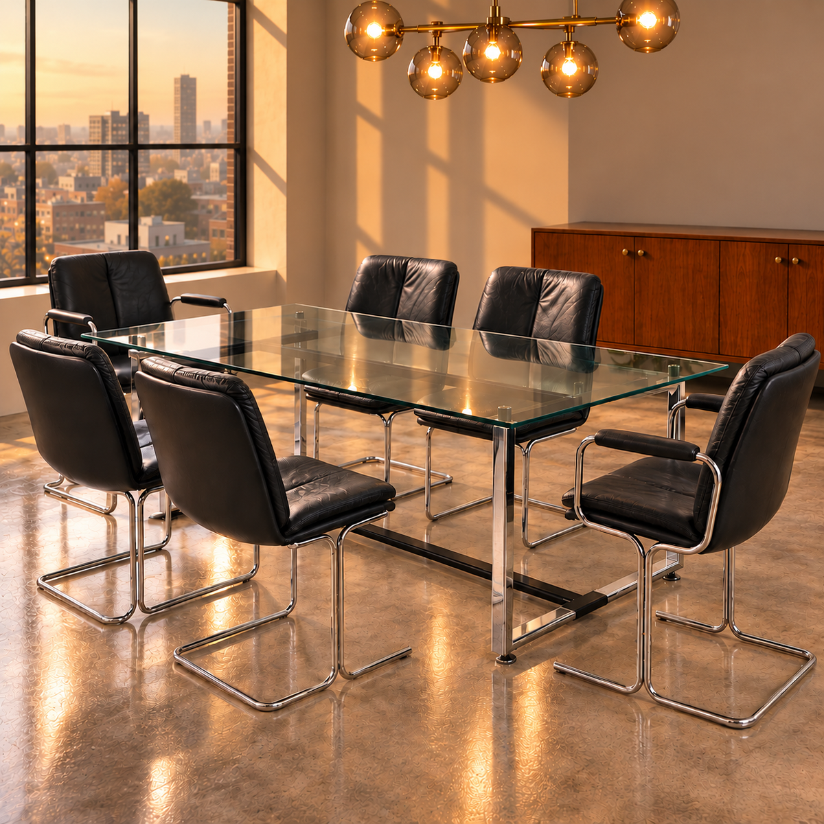 Mid century Pieff Tim Bates Eleganza 6 Leather Chairs & Epée Dining Table 1970s
