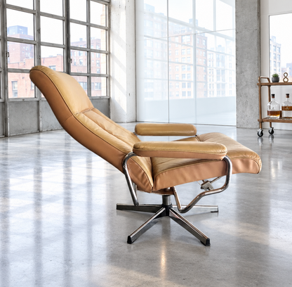 Skoghaug Model N Norwegian Cognac Leather Recliner Swivel Chair 1970