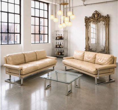 A rare pair of Pieff “Mandarin” three-seater sofas designed by Tim Bates, c.1970s.