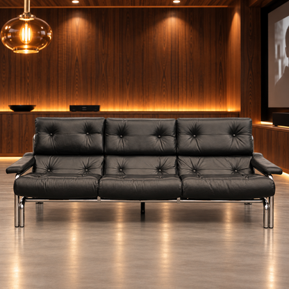 1970s Pieff Alpha lounge suite in original black leather with polished chrome frames, attributed to Tim Bates.