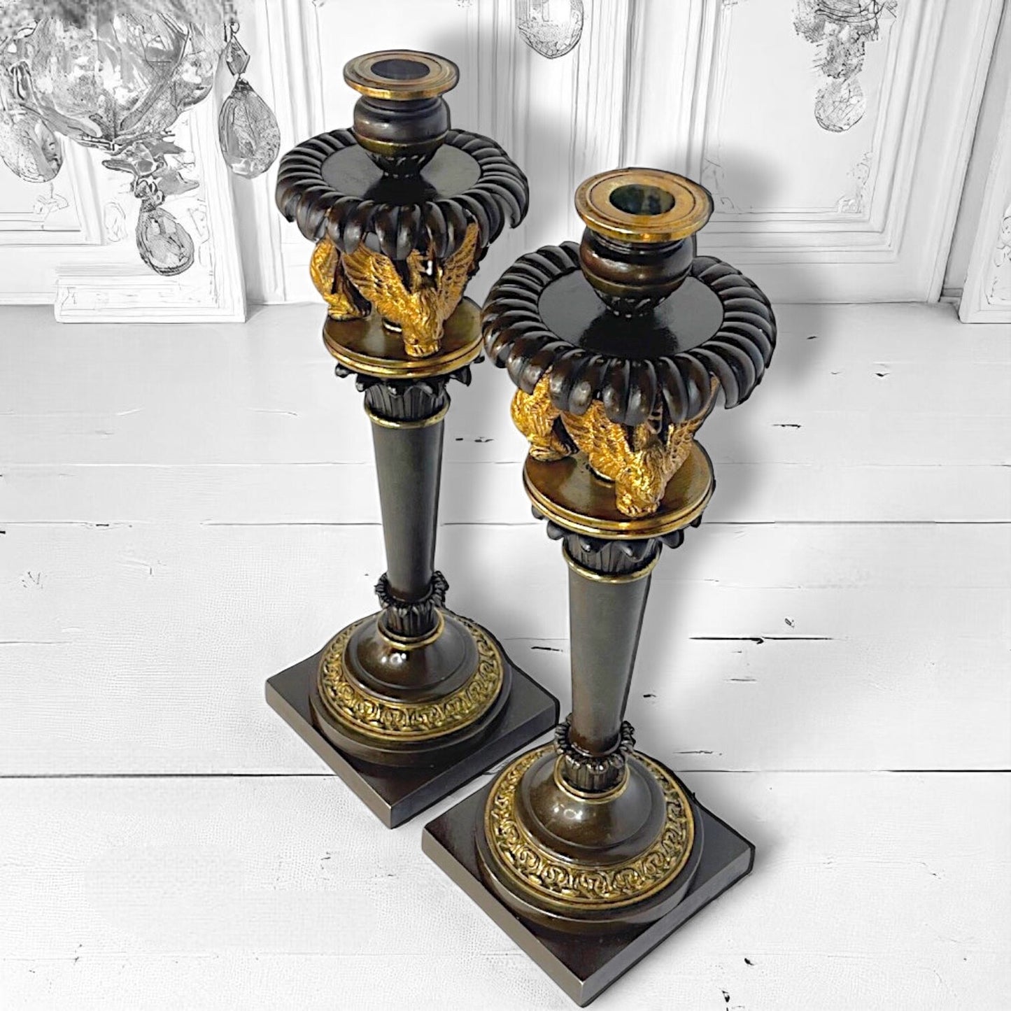Pair of French Empire Candlesticks c.1810 – Gilt Bronze Swans – Attributed to Claude Galle