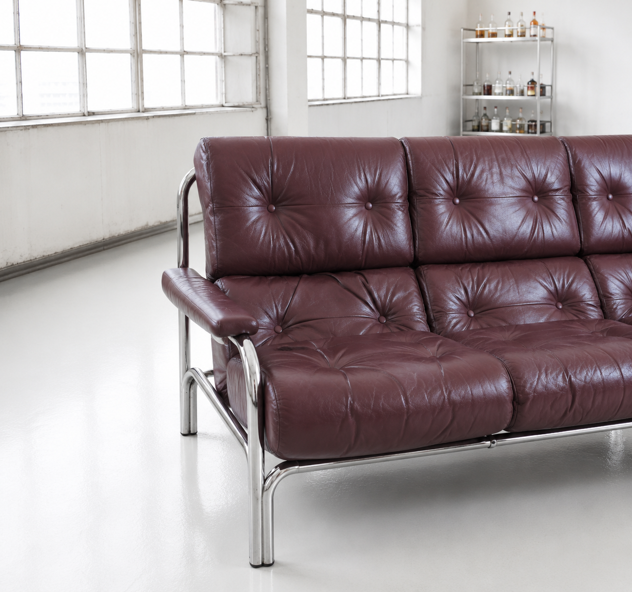 Rare Pieff Alpha 3 Seat Burgundy Sofa by Tim Bates Leather Chrome 1970's