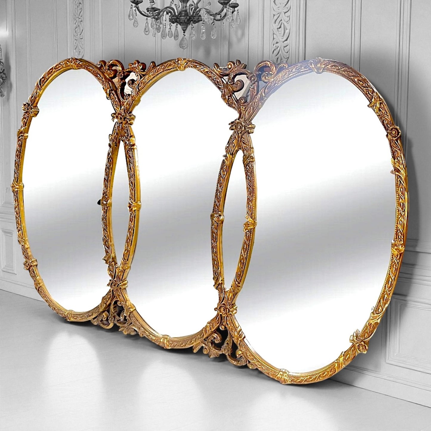 Gilt Hollywood Regency Mirror Triptych Triple Interlocking Oval Wall Bassett 1970
