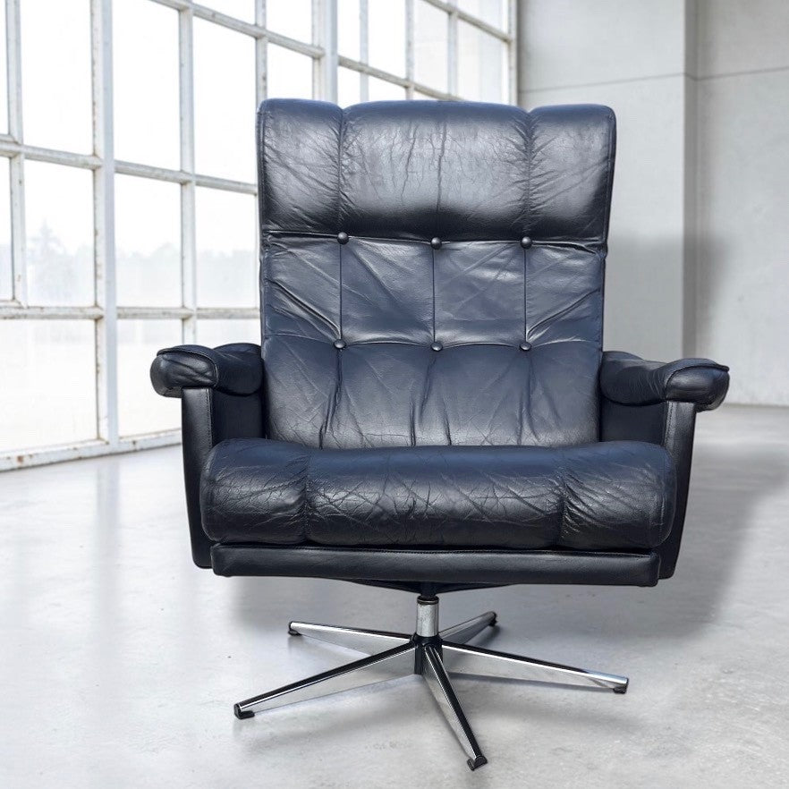 Mid Century Danish H.W. Klein Bramin Black Leather Swivel Lounge Chair Attributed 1970s
