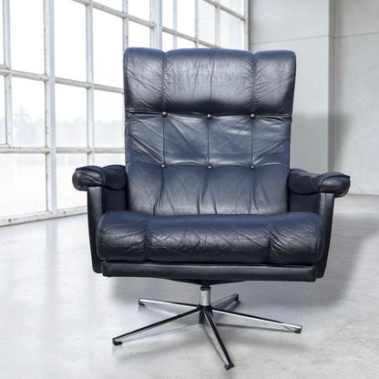 Mid Century Danish H.W. Klein Bramin Black Leather Swivel Lounge Chair Attributed 1970s