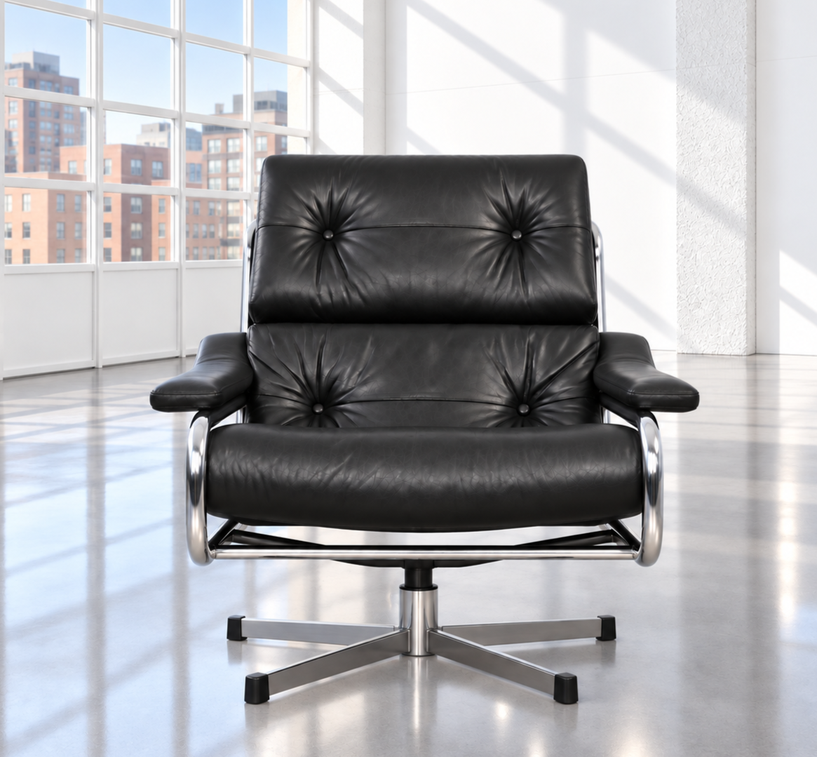 Mid Century Pieff Alpha Black Leather & Chrome Swivel Lounge Chair 1970s (Copy)