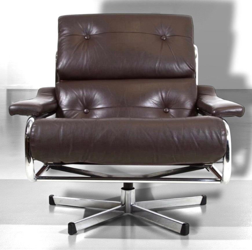 Tim Bates Pieff Alpha Original Brown Leather & Chrome Swivel Lounge Chair 1970s