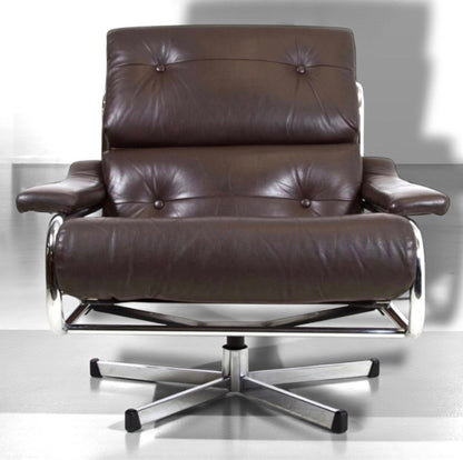 Tim Bates Pieff Alpha Original Brown Leather & Chrome Swivel Lounge Chair 1970s