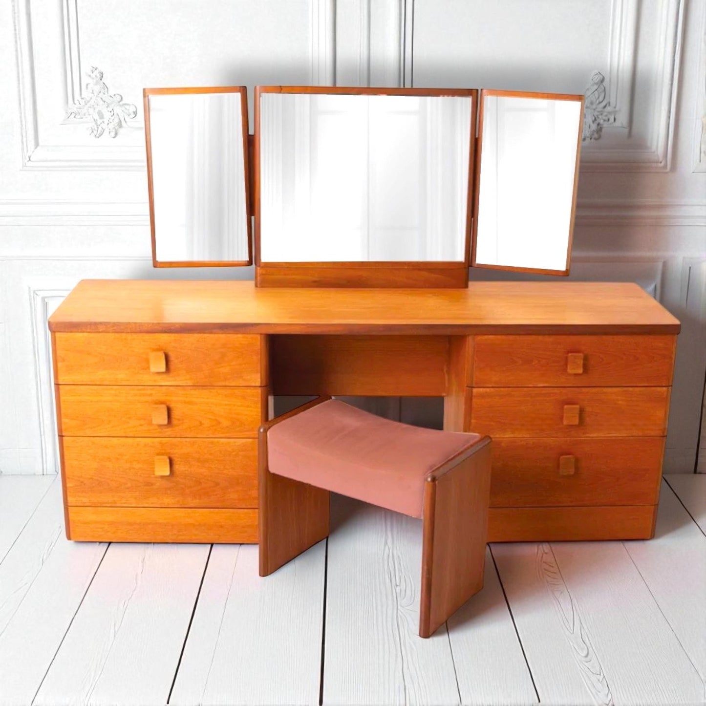 Mid Century Stag Cantata Teak Dressing Table - Triple Mirror