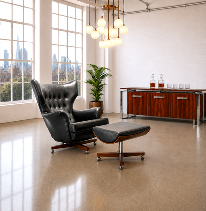 An Original Vintage G Plan 6250 “Blofeld” Swivel Armchair with Matching Footstool 6251 Iconic James Bond Chair