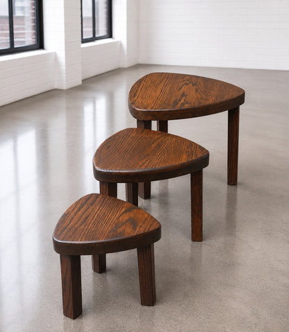 Vintage Brutalist Solid Oak Nesting Tables Set of 3 Pierre Chapo Style French Dutch 1970s