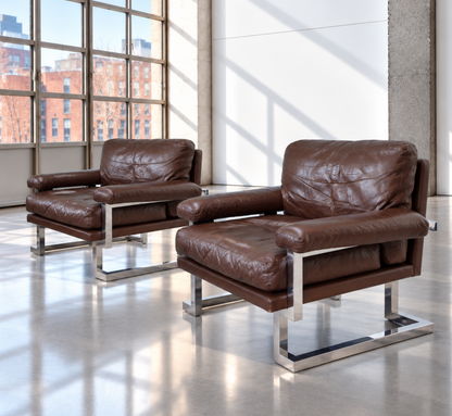 Pieff Mandarin Mid Century Pair Brown Leather & Chrome Arm Chairs 1970s