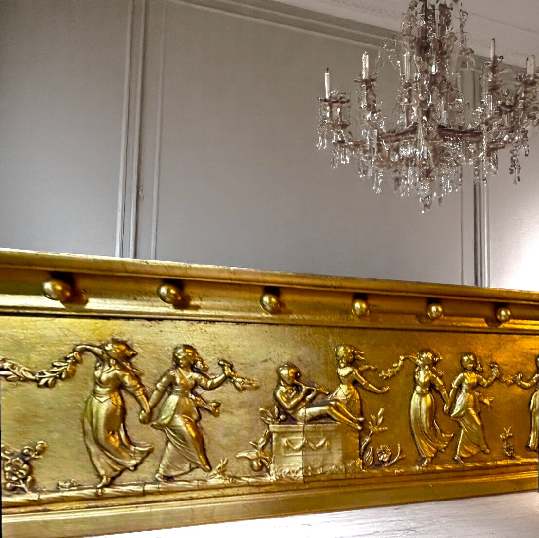 French Empire 19th Century Gilt Wood and Gesso Over-mantle Mercury Mirror