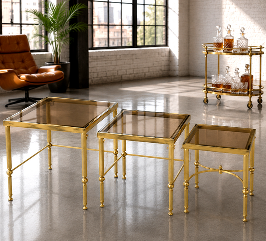 HOLLYWOOD REGENCY MAISON JANSEN STYLE FRENCH BRASS-SMOKED GLASS NEST OF 3 TABLES