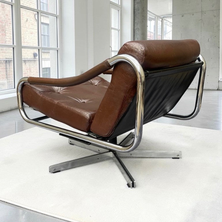 Tim Bates Pieff Alpha Original Brown Leather & Chrome Swivel Lounge Chair 1960s