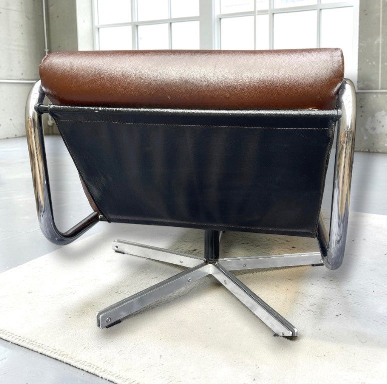 Tim Bates Pieff Alpha Original Brown Leather & Chrome Swivel Lounge Chair 1960s