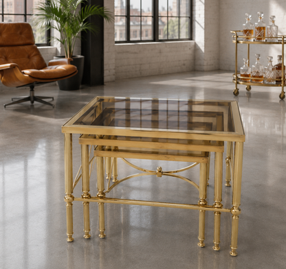 HOLLYWOOD REGENCY MAISON JANSEN STYLE FRENCH BRASS-SMOKED GLASS NEST OF 3 TABLES